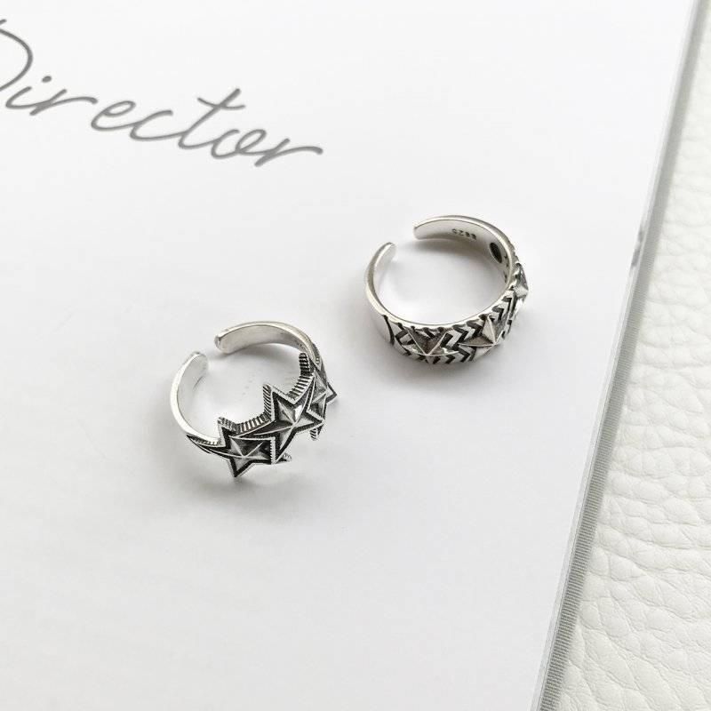 S925 sterling silver retro rock art style plain silver big five-pointed star open ring