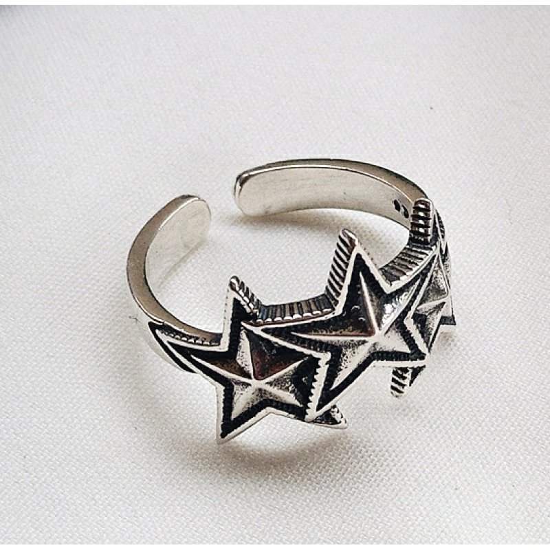 S925 sterling silver retro rock art style plain silver big five-pointed star open ring