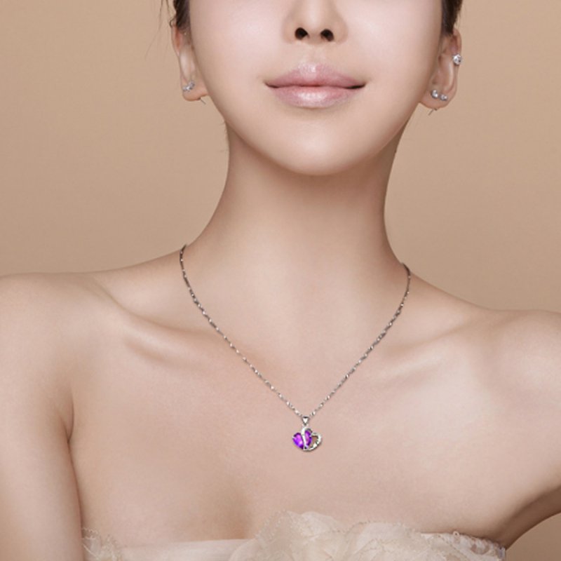 925 white gold beautiful heart-shaped female necklace, amethyst pendant jewelry